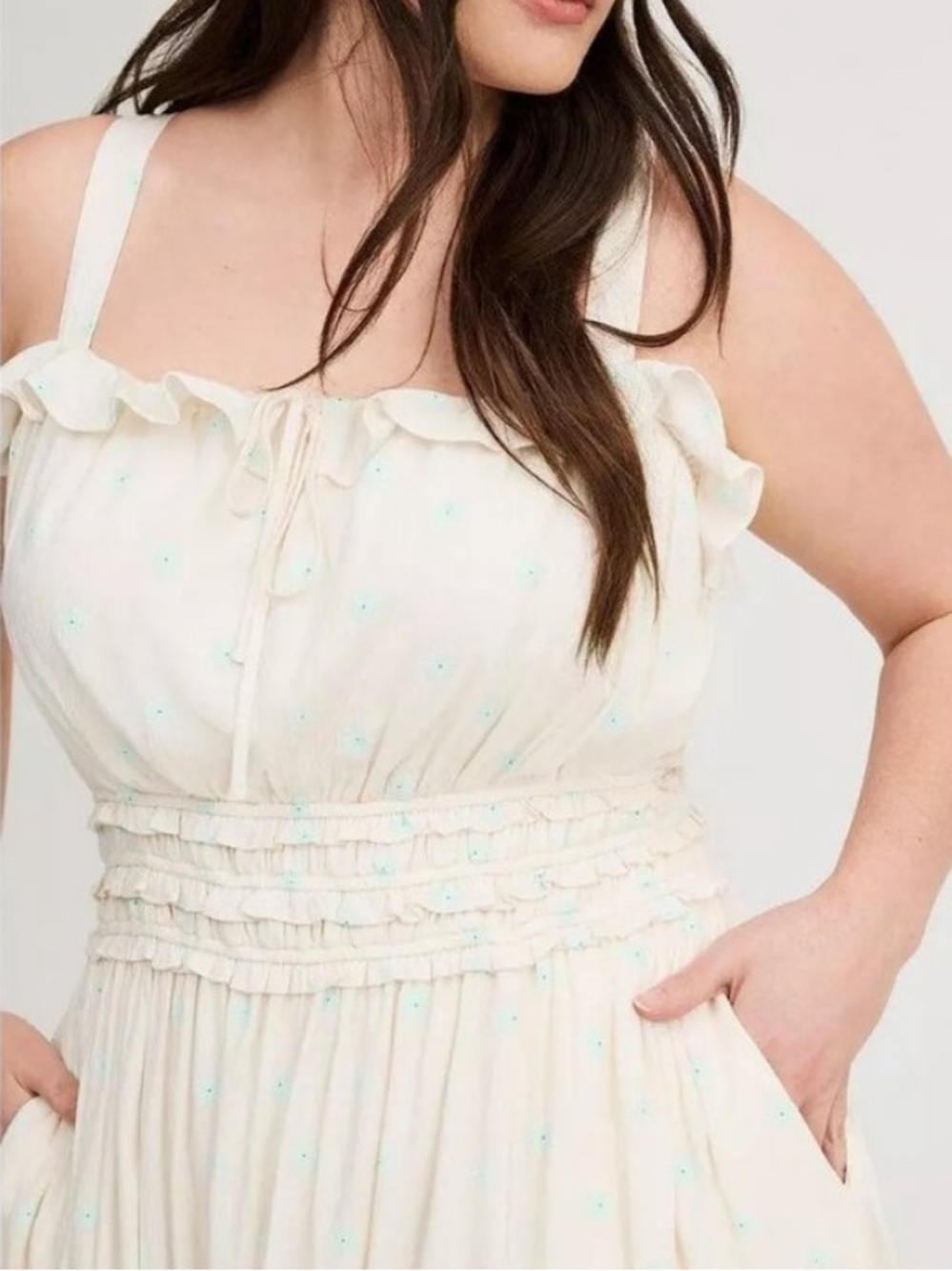 TORRID Cream Smocked Waist Midi Dress Delicate Blue Floral Print. Size 3. - Picture 7 of 16